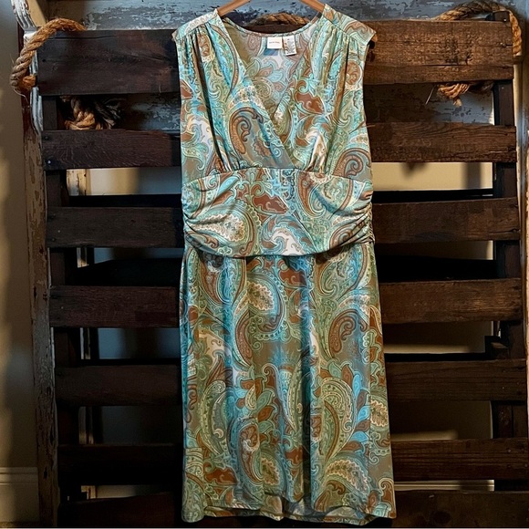 MERONA Sleeveless Paisley Dress Ruched Waist Sage/Brown XL - Picture 7 of 7
